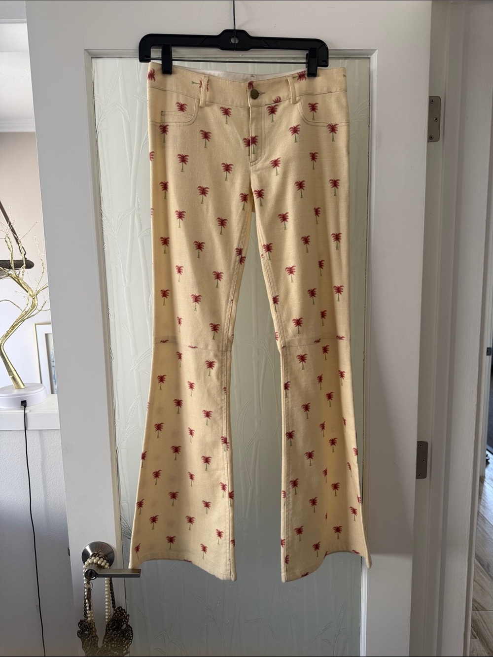 Alice + Olivia Cream Flare Pants with Red Palm Print